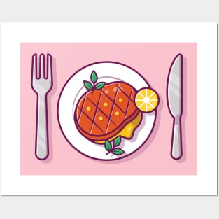 Steak Food On Plate with Knife and Fork Posters and Art